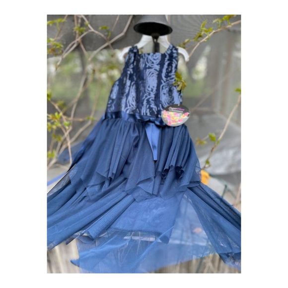 Dark Blue Party Tank Dress Sequins Handkerchief Tiered Hemline Sz 7 Youth - Picture 10 of 13